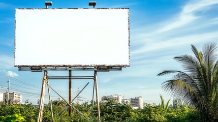 Outdoor blank billboard with a white background set against a blue sky, surrounded by lush greenery and urban structures in the distance.