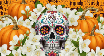 "A vibrant Mexican Day of the Dead altar with marigolds, sugar skulls, candles, and photos honoring departed loved ones in November."

