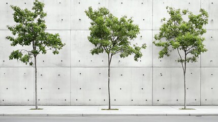 Three neatly aligned trees stand before a modern concrete wall, showcasing urban greenery and geometric design. The serene scene blends nature with architecture.