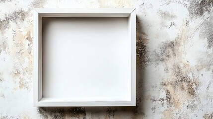 Top view of an empty white square frame on a textured wall