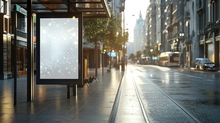 Urban street scene at dawn, showcasing modern architecture with an empty bus stop billboard. Reflections on wet pavement add a tranquil ambiance to the bustling city landscape.