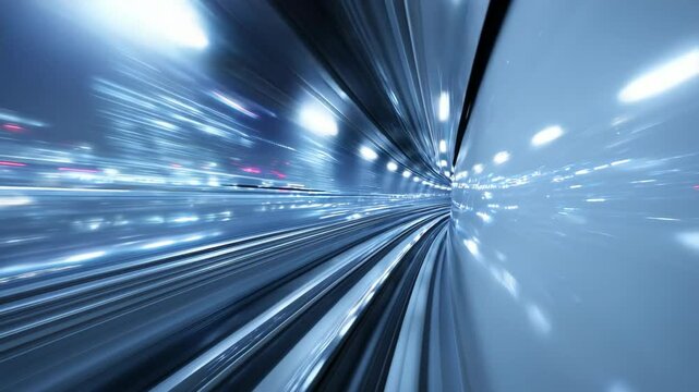 Subway speeding through dark tunnel with blur of lights, a thrilling ride into the urban depths, conveying motion, speed, and modern transport innovation.