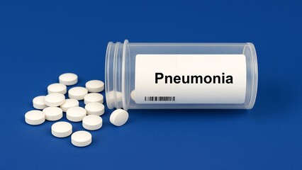 Box of pneumonia treatment tablets placed on pharmacy counter for respiratory infection management.