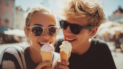 couple sharing an ice cream on a sunny day, the woman letting her boyfriend taste her cone with a smile, she wears clear glasses with colorful frames, he wears dark sunglasses with black frames