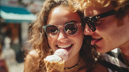 couple sharing an ice cream on a sunny day, the woman letting her boyfriend taste her cone with a smile, she wears clear glasses with colorful frames, he wears dark sunglasses with black frames