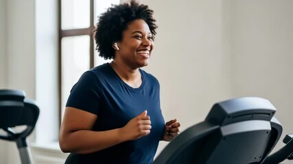 Happy plus-size african american woman smiling while running on a treadmill in a gym, a concept of body positivity, fitness motivation, and achieving personal health goals