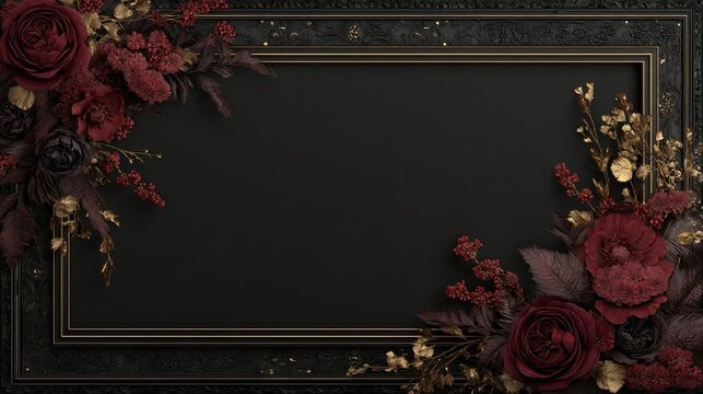Dark black gothic background with an old beautiful castle and dark red and gold flowers making a thin but elegant frame with intricate decorating frame