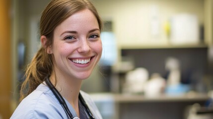 Fototapeta premium A young female healthcare professional in scrubs, smiling warmly in a hospital setting.