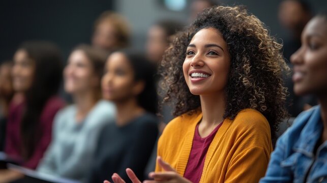 A diverse group of people in a conference room, engaged in a discussion. The setting is professional, with a focus on the audience's expressions and body language.