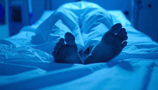 A person's feet are covered with a white cloth. The concept of corpses, deceased people, patients and others