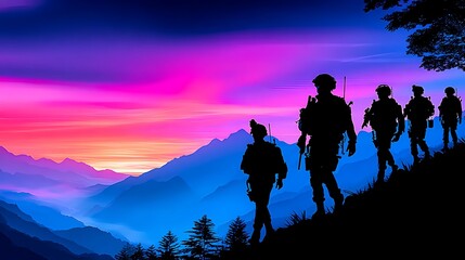 Soldiers on a mountain peak at sunset