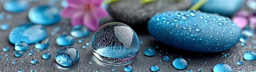 Water droplets on stones and flowers