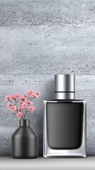 Perfume bottle and flowers on a shelf