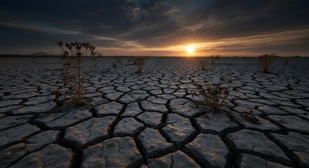 Obraz premium Sunset over Cracked Earth: Arid Landscape at Golden Hour