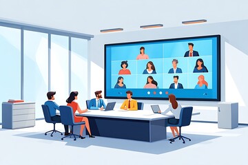 Modern Business Team Collaborating in a Conference Room Using Video Conferencing Technology for a Remote Meeting with Multiple Participants Across Various Locations
