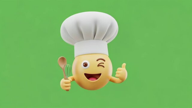 Animation of a chef emoji on a green screen, transparent background, winking and giving a thumbs up, representing approval, cooking, and positive food service industry reviews