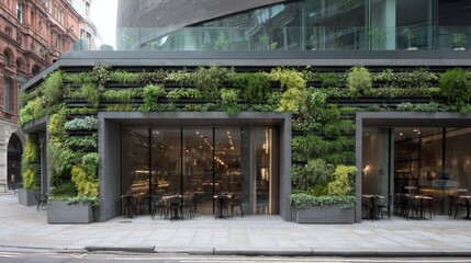 Fototapeta premium Exterior of a restaurant with vertical herb garden, a modern architectural element, showcasing sustainable design and urban greenery, adding a touch of nature to the urban setting