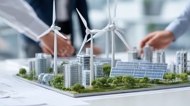 Engineers collaborating on sustainable architecture model with wind turbines, solar panels, and green building design in office