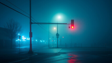 Street crossing in heavy fog with glowing stoplight and distant blue neon shop light