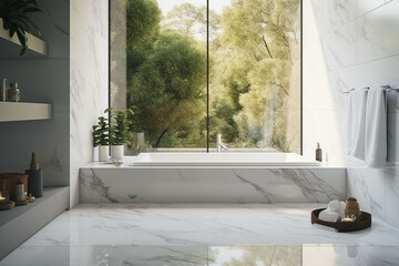 The bathroom is decorated with modern bright white marble.