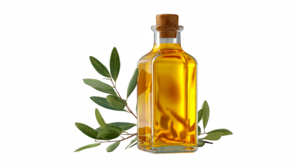 Golden olive oil in a glass bottle with cork, accented by fresh green leaves, evokes culinary health and natural beauty.
