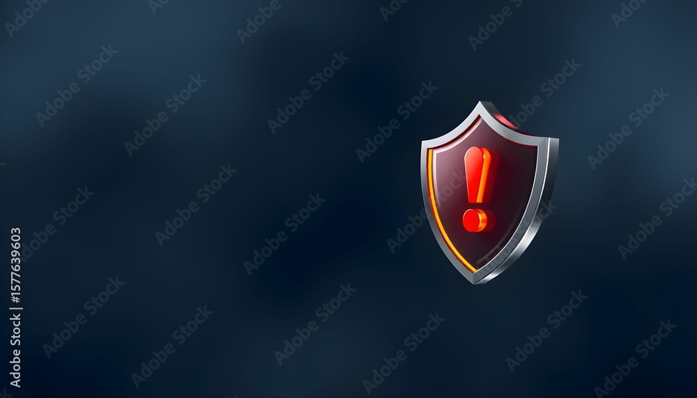 Poster a metallic shield with a glowing red exclamation mark, symbolizing security alert or warning.