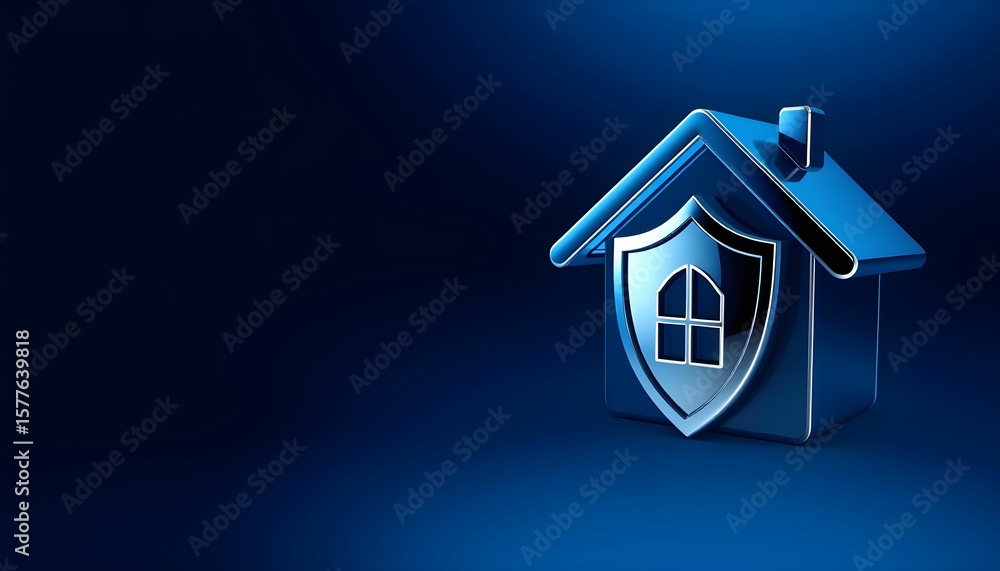 Poster 3d rendering of a house icon with a protective shield, highlighting home security.