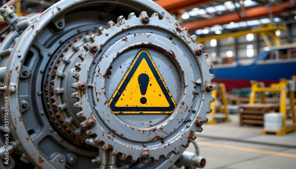 Poster machine hazard: a close-up perspective of an industrial machine displaying a prominent hazard warnin