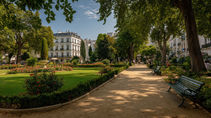 Obraz premium serene view of european capitals park showcasing lush greenery and tranquil pathways