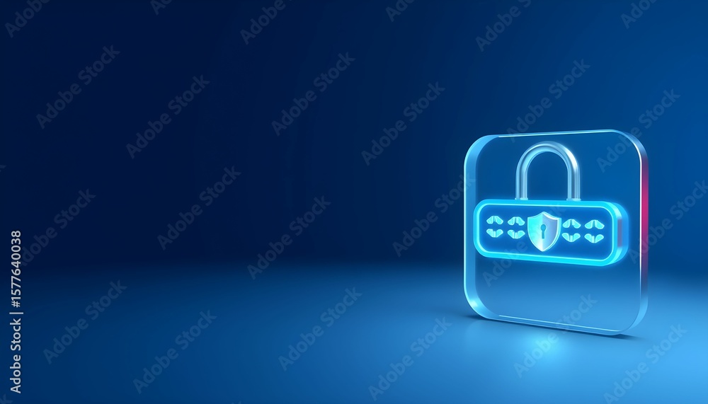Poster glowing blue padlock and shield icon with a password field, representing digital security and data p