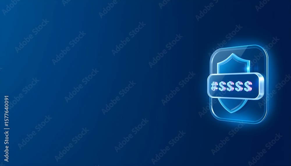Poster glowing icon featuring a shield and password, symbolizing security and protection in a digital conte