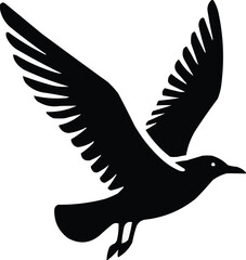 Vector art of a black and white silhouette of a bird in flight with wings spread