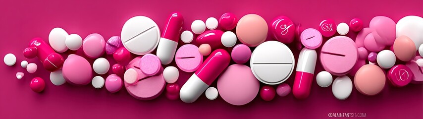 Assorted pills and capsules on a fuchsia background