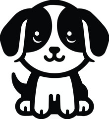 Vector art of a cute black and white cartoon puppy sitting on a plain white background