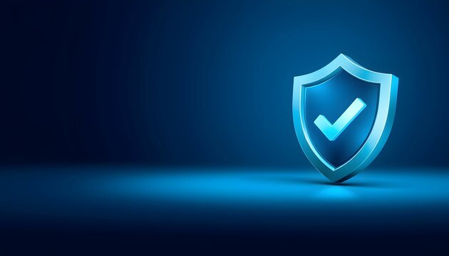 A glowing blue shield with a checkmark symbolizes security and protection.