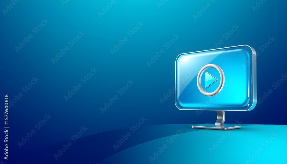 Poster a glossy, stylized computer monitor with a play button on its screen, set against a gradient blue ba