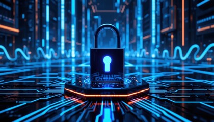 Encrypted Digital Security Lock Glowing over Technological Circuit Board