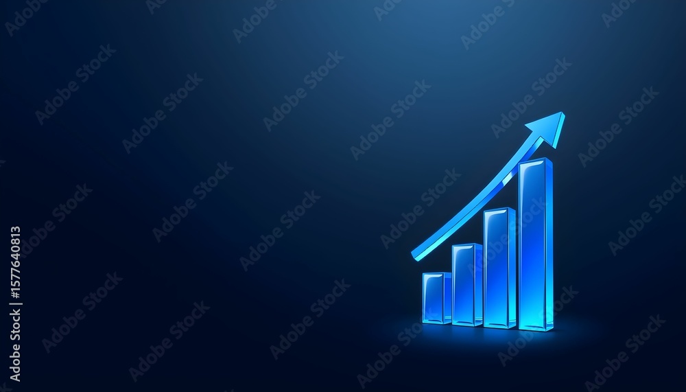 Poster a blue 3d bar graph with an upward-pointing arrow, representing growth and progress.