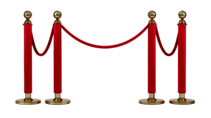 Stanchions with red velvet ropes isolated on transparent background