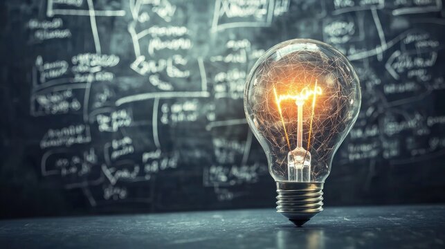 A light bulb with a glowing filament against a chalkboard background with mathematical equations.
