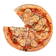 Vegetarian pizza with zucchini on a wooden board. Оn white background.