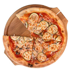 Vegetarian pizza with zucchini on a wooden board. Part. Оn white background.