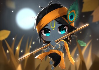 Cute Krishna playing flute under moon