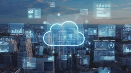 Aerial view of a modern city skyline with digital cloud technology overlay and data visualization - Powered by Adobe