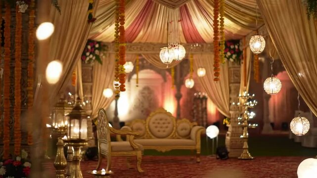 A slow pan across a luxurious wedding mandap with marigolds and lanterns.