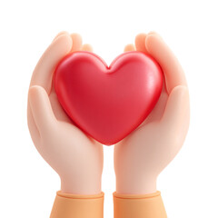 3d icon of cartoon hands gently holding a red heart, isolated on transparent background isolated on transparent background
