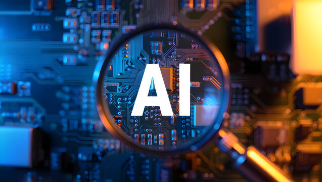 Photo of artificial intelligence is magnified on a complex circuit board