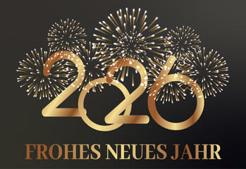 Karte oder Banner, um ein frohes neues Jahr 2026 in Gold mit einem goldenen Feuerwerk auf schwarzem Hintergrund dahinter zu wünschen