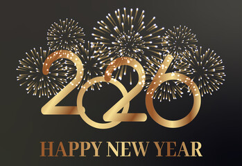 card or banner to wish a happy new year 2026 in gold with a gold firework on a black background behind it