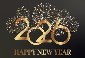 card or banner to wish a happy new year 2026 in gold with a gold firework on a black background behind it